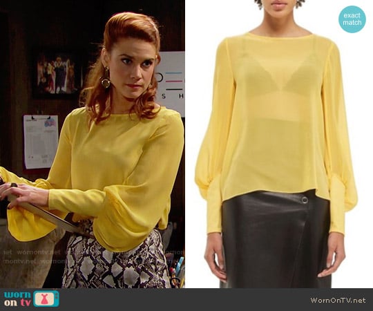 Topshop Boutique Puff Sleeve Silk Blouse worn by Sally Spectra (Courtney Hope) on The Bold and the Beautiful