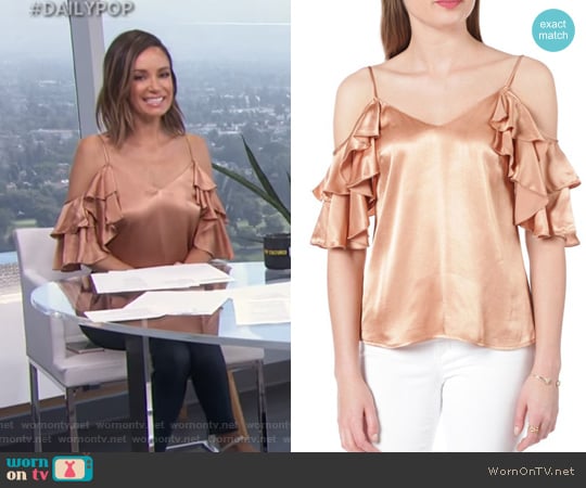 Contemporary Satin Cold Shoulder Ruffle Tank by WAYF worn by Catt Sadler on E! News