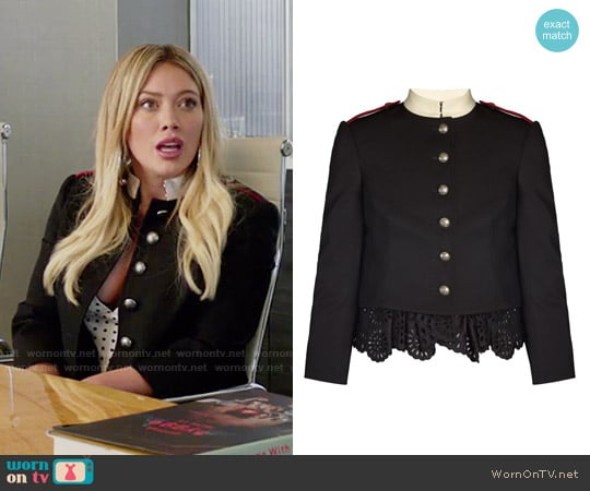 Alexander McQueen Ruffled-hem Military Jacket worn by Kelsey Peters (Hilary Duff) on Younger