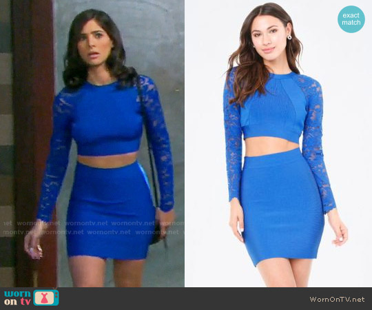 Bebe x Naven Lace Sleeve Crop Top and Knit Skirt worn by Gabi Hernandez (Camila Banus) on Days of our Lives