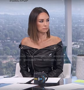 Catt’s black off-shoulder moto jacket on E! News Daily Pop