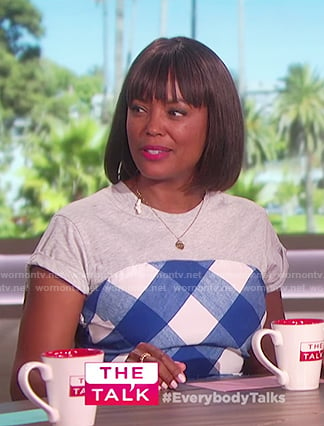 Aisha's blue gingham jumpsuit on The Talk