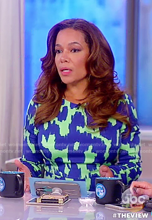 Sunny’s blue and green long sleeve printed dress on The View