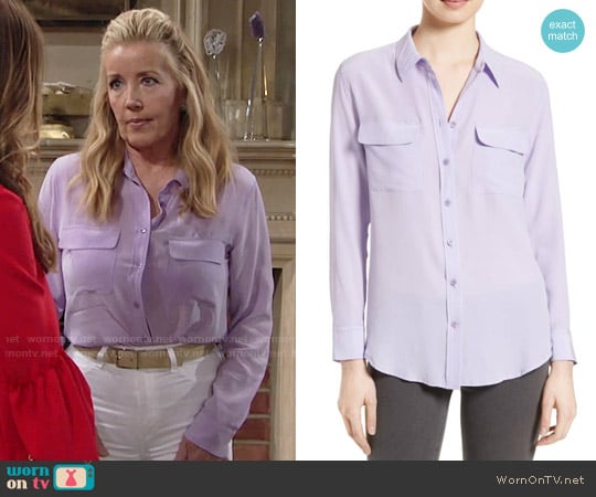 Equipment Slim Signature Silk Shirt in Wisteria worn by Nikki Reed Newman (Melody Thomas-Scott) on The Young and the Restless