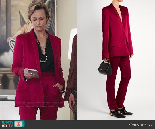 Haider Ackermann Kuiper shawl-lapel satin jacket and pants worn by Jacqueline (Melora Hardin) on The Bold Type