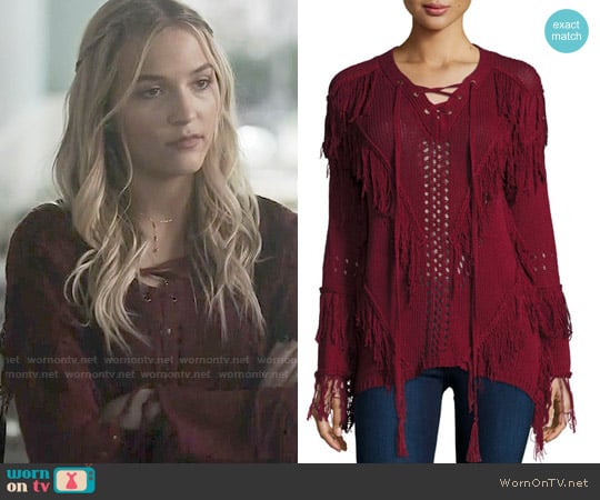 Hiche Fringe Open-Knit Lace-Up Sweater worn by Maddie Jaymes (Lennon Stella) on Nashville