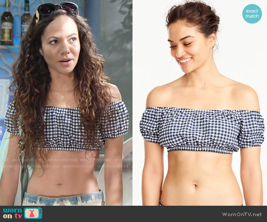 J. Crew Gingham off-the-shoulder swim top worn by Mattie Ashby (Lexie Stevenson) on The Young and the Restless