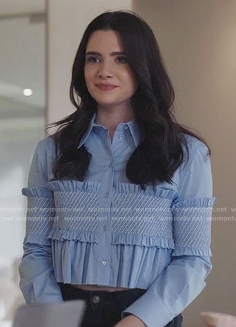 Jane's blue ruffled cropped shirt on The Bold Type