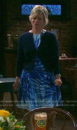 Kayla's blue palm leaf print dress on Days of our Lives