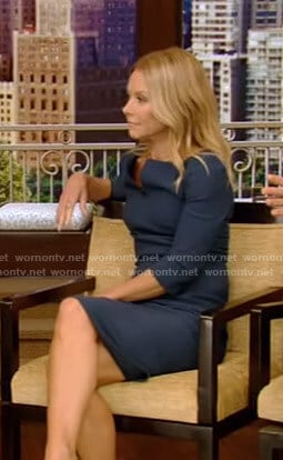 Kelly’s teal blue split neck dress on Live With Kelly