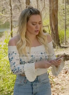 Kelsey's embroidered off-shoulder sweater on Younger