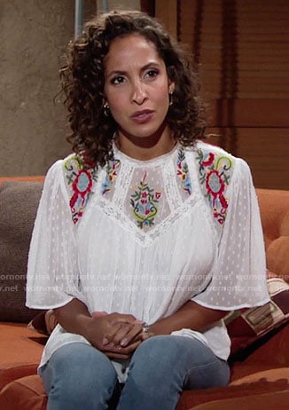 Lily's white floral embroidered top on The Young and the Restless