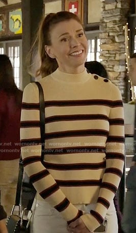 Liza's striped sweater with shoulder buttons on Younger