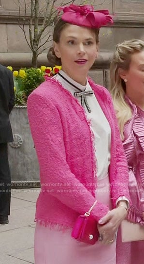 Liza's pink tweed jacket and bow neck top on Younger