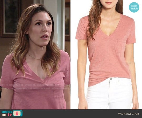 Madewell Whisper Cotton V-neck Pocket Tee worn by Chloe Mitchell (Elizabeth Hendrickson) on The Young and the Restless