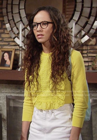 Mattie’s yellow lace front sweater and white denim skirt on The Young and the Restless