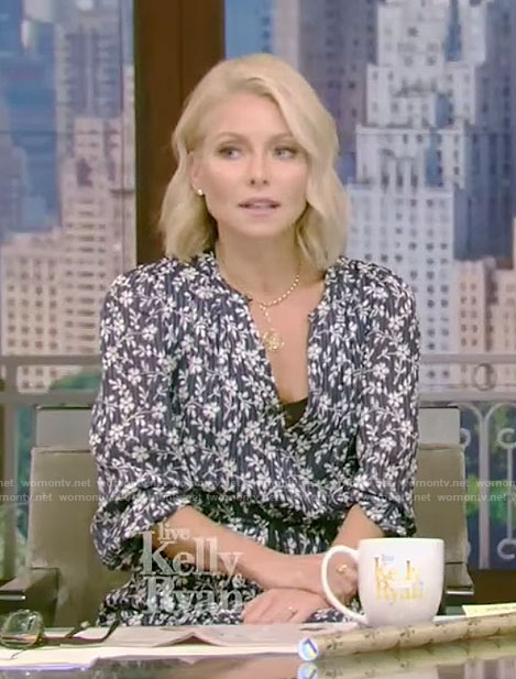 Kelly’s navy floral ruffled dress on Live with Kelly and Ryan