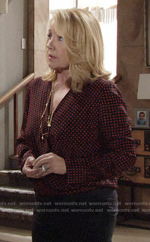 Nikki’s red polka dot draped front blouse on The Young and the Restless