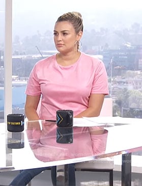 Carissa’s pink t-shirt dress and blue boots on E! News Daily Pop