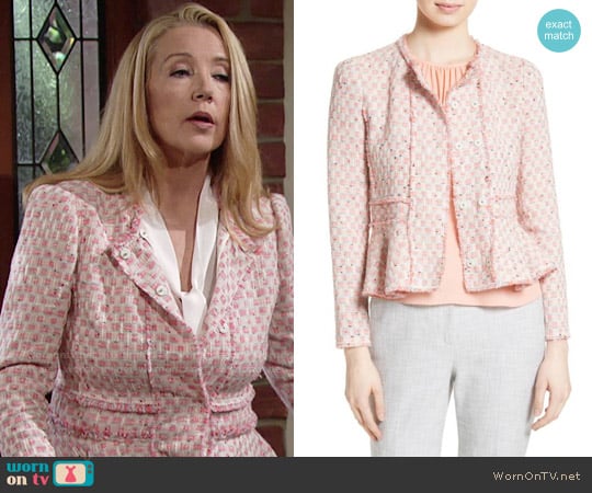 Rebecca Taylor Tweed Peplum Jacket in Pink Grapefruit worn by Nikki Reed Newman (Melody Thomas-Scott) on The Young and the Restless