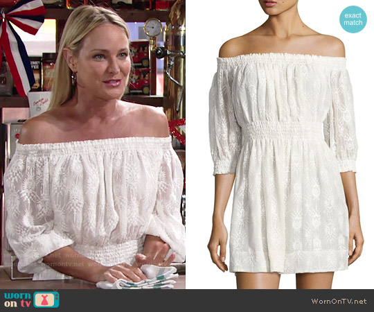 Rebecca Taylor Off the Shoulder Embroidered Dress worn by Sharon Newman (Sharon Case) on The Young and the Restless