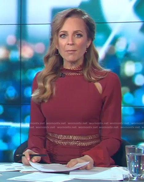 Carrie's red embroidered waist dress on The Project