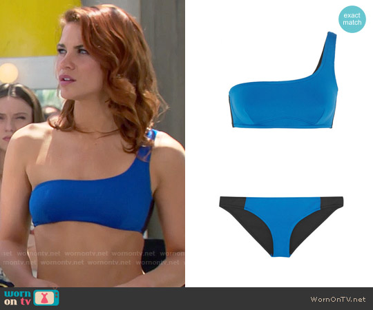 Stella McCartney Iconic Color Block one-shoulder bikini worn by Sally Spectra (Courtney Hope) on The Bold and the Beautiful