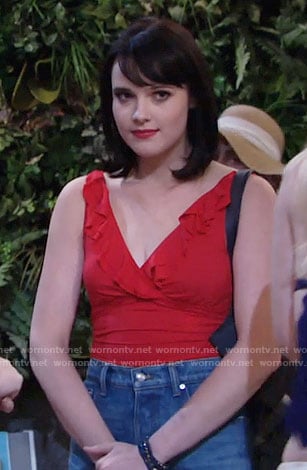 Tessa’s red ruffled trim swimsuit on The Young and the Restless