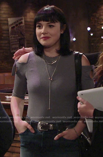 Tessa’s grey tie-shoulder top on The Young and the Restless