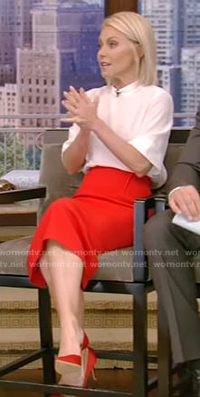 Kelly’s white top and red pencil skirt on Live with Kelly and Ryan