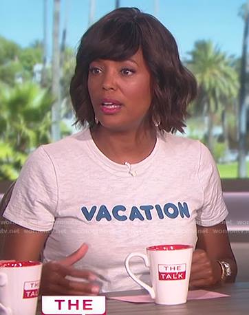 Aisha's white vacation tee on The Talk