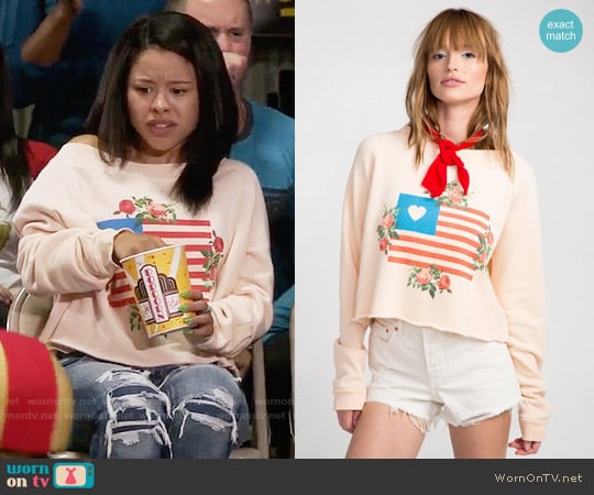 Wildfox Granny’s Flag Monte Crop Pullover worn by Mariana Foster (Cierra Ramirez) on The Fosters