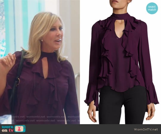 Sia Choker Ruffled Silk Blouse by Cinq a Sept worn by Vicki Gunvalson on The Real Housewives of Orange County