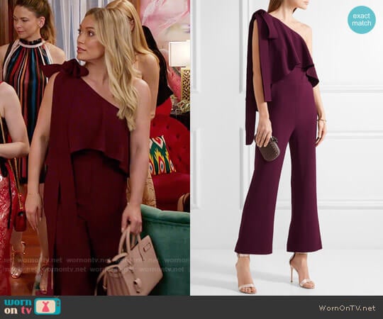 Elie Saab One-shoulder ruffled stretch-crepe jumpsuit worn by Kelsey Peters (Hilary Duff) on Younger