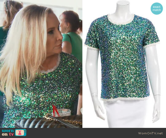 Green Short Sleeve Top with Sequined by Gryphon worn by Shannon Beador on The Real Housewives of Orange County