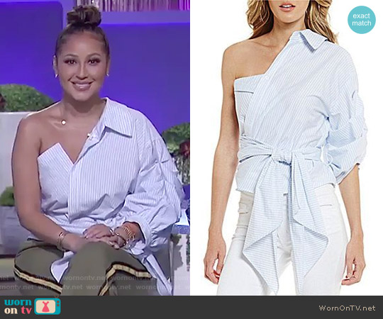 Jessa One Shoulder Poplin Blouse by Gianni Bini worn by Adrienne Houghton on The Real