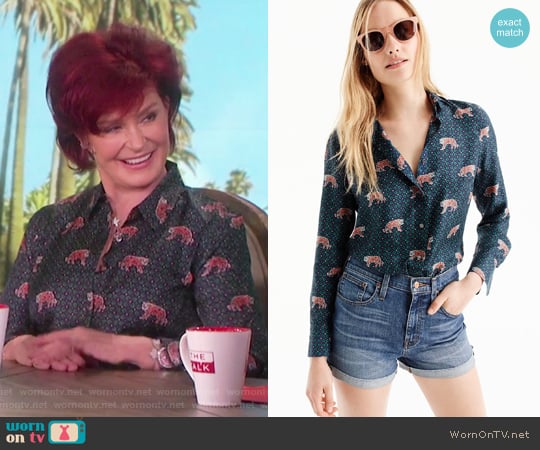 Silk twill button-up in tiger print by J.Crew worn by Sharon Osbourne on The Talk