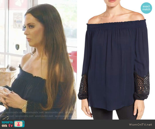 'Karalee' Lace Cuff Silk Off the Shoulder Blouse by Kobi Halperin worn by D’Andra Simmons on The Real Housewives of Dallas