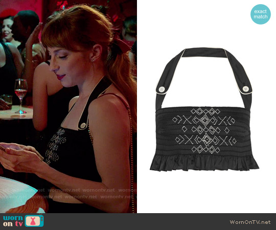 Miu Miu Cropped embroidered smocked cotton top worn by Lauren (Molly Bernard) on Younger