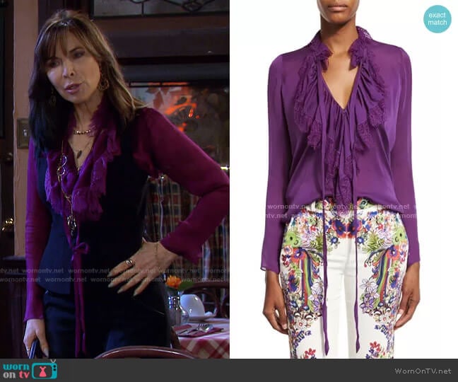 Roberto Cavalli Ruffled Self-Tie Silk Blouse worn by Kate Roberts (Lauren Koslow) on Days of our Lives