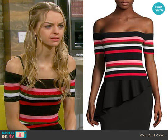 Scripted Off-The-Shoulder Striped Rib-Knit Top worn by Claire Brady (Olivia Keegan) on Days of our Lives