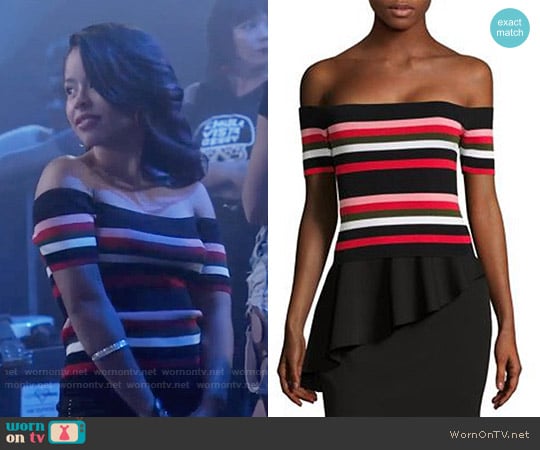 Scripted Off-The-Shoulder Striped Rib-Knit Top worn by Mariana Foster (Cierra Ramirez) on The Fosters