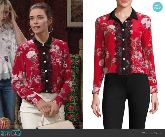 The Kooples Floral-Print Silk Crepe De Chine Shirt worn by Victoria Newman (Amelia Heinle) on The Young and the Restless