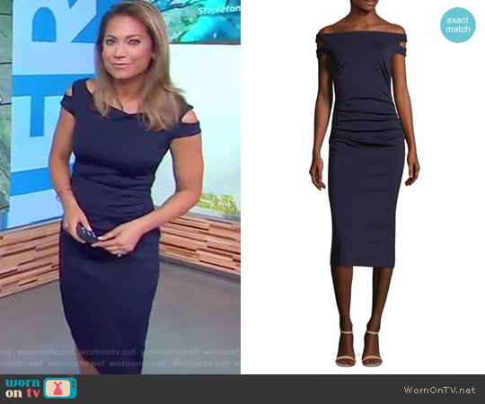 Off the Shoulder Enliven Sheath Dress by Trina Turk worn by Ginger Zee on Good Morning America