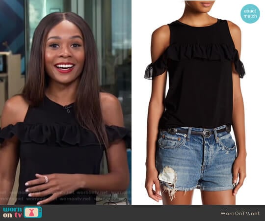 Cold Shoulder Ruffle Blouse by Willow & Clay worn by Zuri Hall on E! News