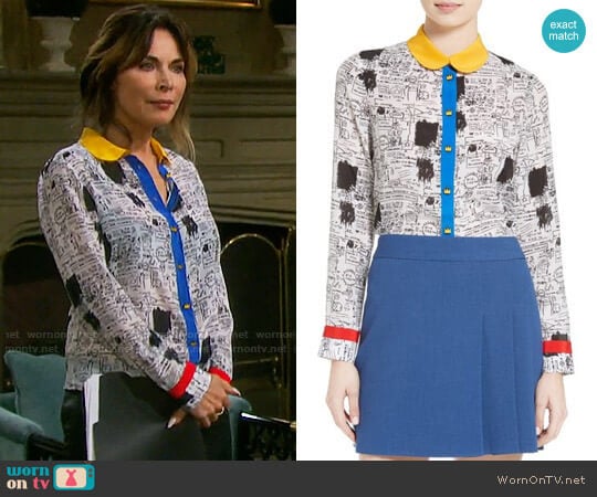 Alice + Olivia Gary Print Silk Blouse worn by Kate Roberts (Lauren Koslow) on Days of our Lives