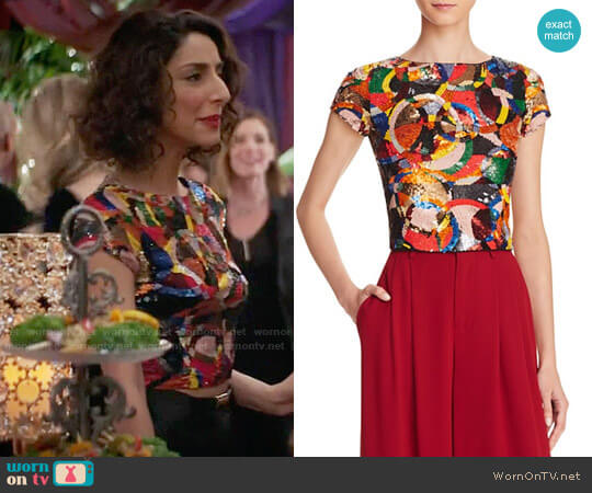 Alice + Olivia Kelli Sequin Top worn by Delia (Necar Zadegan) on Girlfriends Guide to Divorce