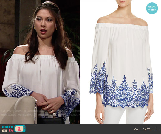 Aqua Off-the-Shoulder Eyelet Top worn by Juliet Helton (Laur Allen) on The Young and the Restless