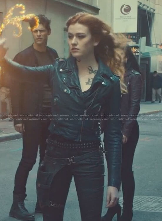 Clary's navy cropped moto jacket and pants on Shadowhunters