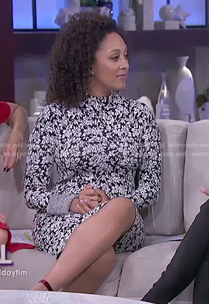Tamera’s black floral bell sleeve dress on The Real